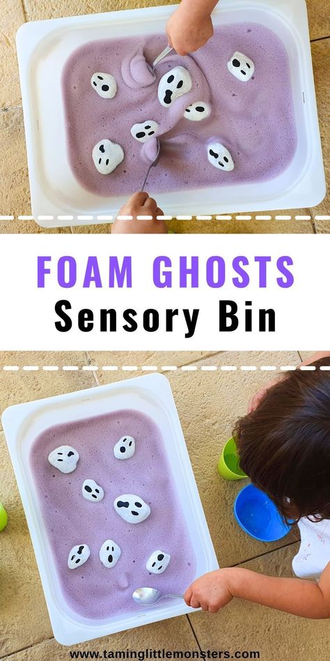 Spooky Halloween Bubble Foam, Art Halloween Activities Preschool, Ghost Art Toddlers, Halloween Game For Toddlers, Halloween Sensory Bins For Preschool, Halloween Bat Activities For Preschool, Halloween Messy Play Toddlers, Halloween Toddlers Activity, Halloween Day Activities For Toddlers