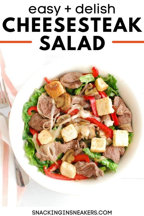 A cheesesteak salad in a bowl next to a napkin and fork. Cheesesteak Salad, Philly Sandwich, Top Sirloin, Gluten Free Ice Cream, Top Sirloin Steak, Meat Salad, Kidney Diet, Sirloin Steak, Easy Salad