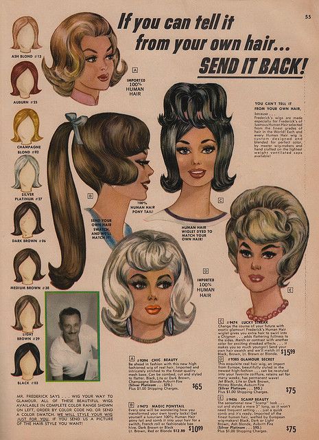 1964 Frederick's of Hollywood catalogue. @jen Ro -- check out the second one -- flip with a...not sure what on her head! Cabelo Pin Up, 1960s Hair, 60s Hair, Frederick’s Of Hollywood, Beauty Ad, Fredericks Of Hollywood, Auburn Hair, Old Ads, Retro Hairstyles