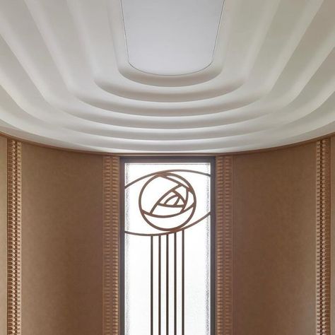 Chris Shao Studio on Instagram: "Leather trim and decorative accents adorn the staircase leading to the private bedroom area on the fourth floor. #chrisshaostudio" Fancy Ceiling Design, Ceiling Coffers, Fancy Ceiling, Ceiling Cove, Sculptural Ceiling, Modern Ceiling Design, Cornices Ceiling, Arched Ceiling, Vault Ceiling