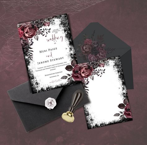 "wedding invitation printable; printable wedding announcement; digital wedding invitation; elegant wedding invitation printable Get moody with this Dark Magic edding invitation bundle! Beautifully designed for a dark, moody, gothic wedding. The spiders just add some flair! Once purchased, there are no restrictions on the number of times you can use the product or the length of time in which you must use it. It will always be available to you for use. THIS IS A DIGITAL PRODUCT ONLY. NO PHYSICAL P Halloween Themed Wedding Invitations, Black Burgundy And Blush Wedding, Glam Goth Wedding, Dark Fairytale Wedding Invitations, Goth Wedding Invites, Gothic Wedding Colors, Moody Gothic Wedding, Gothic Engagement Party, Gothic Wedding Invites