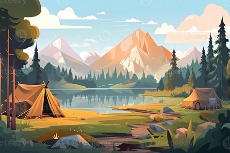 Camping Background, Tent Vector, Camping Cartoon, Camping Wallpaper, Camping Site, Forest Camp, Summer Forest, Dance Images, Mountain Illustration