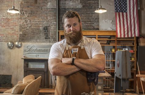 Ben Napier of HGTV's Home Town at the Scotsman Co. workshop in Downtown Laurel, MS Home Town Hgtv, Ben Napier, Ginger Beef, Environmental Portraits, Ginger Men, Awesome Beards, Home Town, Bring The Heat, Mens Club