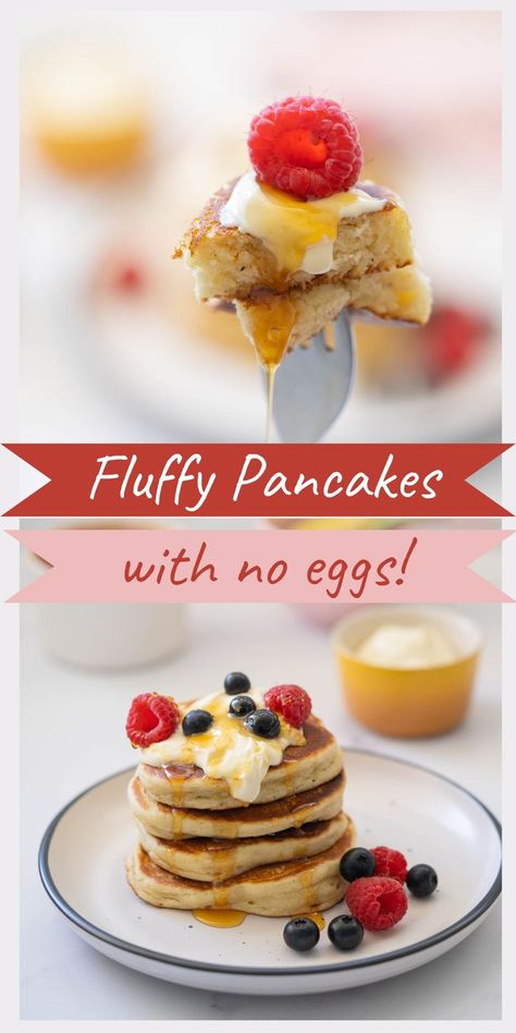 Easy fluffy pancakes made with no eggs, they are so good that you might go on to only make pancakes without eggs from now on! Pancakes With No Eggs, Egg Free Pancake Recipe, Wheat Free Pancakes, Pancakes Without Eggs, Eggless Pancakes, Egg Free Pancakes, Egg Pancakes, Morning Treats, Vanilla Pancakes