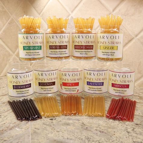 All New Recipes and an All New Look. Our naturally infused flavored honey straws are the perfect gift for your loved ones. And don't forget to eat a few yourself lol. We do not use any chemicals, flavorings, colorings, extracts, concentrates, oils, or powders - just Organic Raw Honey, herbs and spices, and A LOT of patience! Go Ahead - Give us a try! www.arvoli.com #rawhoney #lavender #elderberry #spearmint #stressrelief #gingerroot #clove #holidays #spicy #spicyhoney #peppers Honey Flavors, Flavored Honey, Different Types Of Honey, Flavored Honey Sticks, Lavender Infused Honey, Herb Infused Honey, Honey Spoons, Valerian Root, Honey Sticks