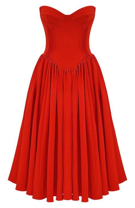 A corseted bodice creates a stunning silhouette on a fit-and-flare dress finished with a voluminous midi skirt for modern allure. Exclusive retailer Hidden back-zip closure Sweetheart neck Strapless Partially lined 65% Richcel viscose, 35% polyester Dry clean Imported Red Carpet Midi Dress, Winter Gala Dress Formal, Birthday Dress Midi, Corset Top Dresses, Corset Vintage Dress, Red Classic Dress, Fit And Flare Dress Formal, Christmas Party Dress Cocktail, Princess Red Dress