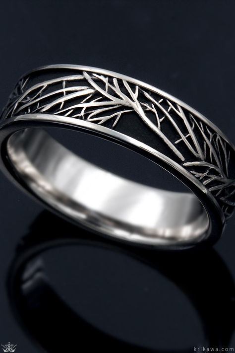 The recessed background in our original Tree of Life band has been darkened with Black Rhodium to make the branches stand out. Tree Of Life Wedding, Masculine Wedding, Ring Symbolism, Black Rhodium, The Band, Tree Of Life, Wedding Band, Wedding Bands, Wedding Rings