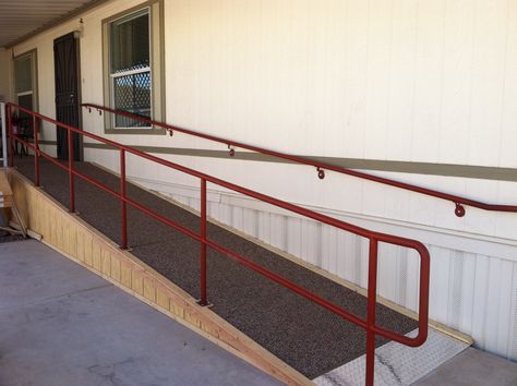 Railing for a Wheelchair Ramp Ramp Railing Design, Ramp Railing, Wheelchair Ramp Design, Outdoor Ramp, Curb Ramp, Ramp Design, Access Ramp, Handrail Design, Wheelchair Ramp