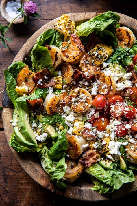 Honey Garlic Shrimp, Corn, and Avocado Bacon Salad | halfbakedharvest.com Half Baked Harvest Shrimp, Salad Station, Shrimp Corn, Honey Garlic Shrimp, Fun Meals, Half Baked Harvest Recipes, Green Salads, Bacon Salad, Food Mood