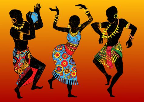 Want to enjoy a true West African experience? Listen to some upbeat Afrobeat music. A form of West African music, Afrobeat combines the use of drums, vocals and jazz instruments to create a rhythmic sound. Afro Dancing, African Dancers, Dancing Silhouette, African Drawings, African Women Painting, African Artwork, African Women Art, طابع بريدي, Dancing Drawings