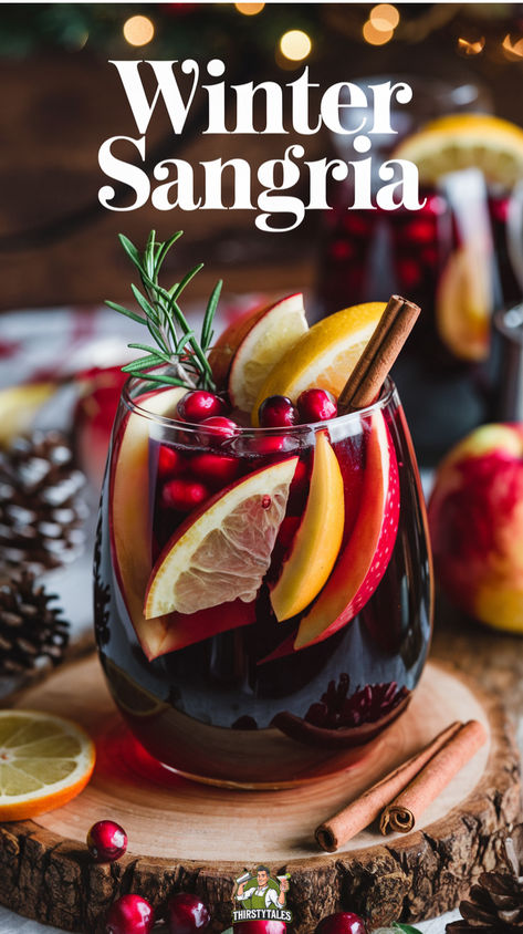 "Warm up your winter gatherings with this delightful Winter Sangria Cocktail  Recipe! Perfect for the holiday season, this festive drink combines the  flavors of seasonal fruits and spices, making it an ideal choice for  Christmas Eve drink ideas and holiday parties. Explore our collection of  holiday drinks, including holiday wine cocktails and sangria recipes for  winter.  Cheers to festive cocktails and unforgettable celebrations!" Sangria Recipes Sweet Red, Festive Adult Beverages, Cabernet Sangria Recipe, Brunch Sangria Recipes, Red Wine Sangria Christmas, Holiday Winter Sangria, Holiday Wine Punch Recipes, Sangria With Red Wine, Frozen Sangria Recipe