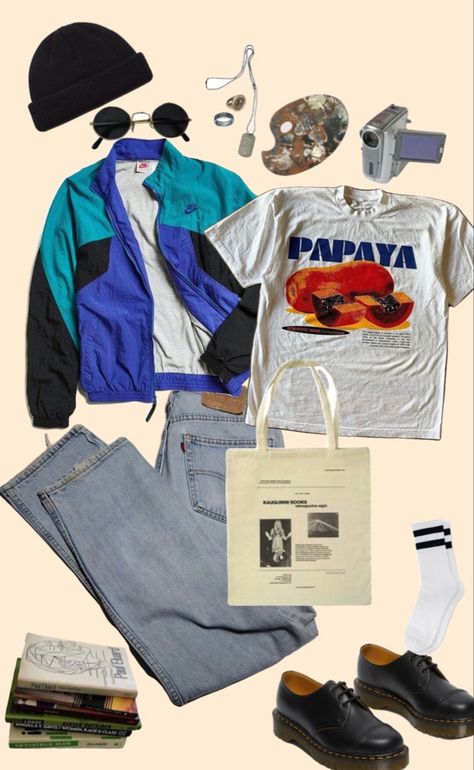 Aesthetic Unisex Outfits, Men’s 80s Fashion Outfits, Blue Grunge Outfit, Aesthetic Indie Outfits, Indie Rock Outfits, Indie Outfits Men, Simple Streetwear, 80s Fashion Outfits, Look 80s