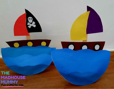 Boat Handprint Art, Paper Plate Beach Camper, Paper Boat Craft Preschool, Paper Plate Stingray, Paper Stingray, Prek Boat Craft, Easy Summer Crafts For Toddlers, Paper Plate Boat Craft, Stingray Craft