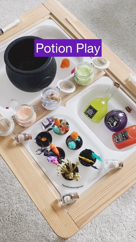 ✨SAVE✨ Fizzy Potion Play Recipe! 🧪 This potion sensory bin is so much fun and the kids loved it! The best part is you just add water and … | Instagram Love Sensory Activities, Witches Potion Sensory Bin, Potion Provocation, Witches Potion Sensory Play, Fizzy Sensory Play, Cauldron Sensory Bin, Skeleton Sensory Bin, Harry Potter Sensory Bin, Candy Sensory Bin