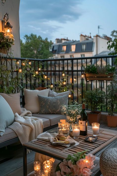 29 Small Apartment Balcony Ideas for a Chic Look 14 Small Balcony Lights, Lights On Balcony Apartment, Balcony Table Decor, Open Terrace Ideas Balconies, Romantic Balcony Ideas, Balcony Setup, Covered Trellis, Balcony Lighting Ideas, Zen Balcony