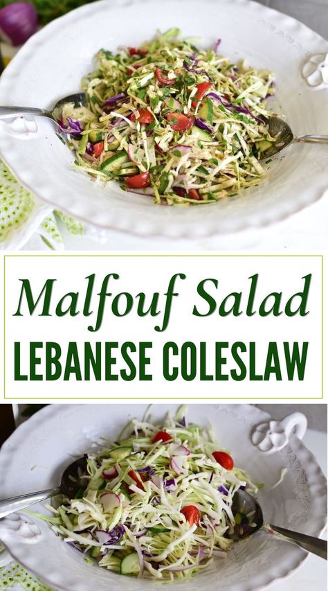 Refresh your palate with Malfouf Salad, a Lebanese coleslaw made with fresh cabbage and a tangy dressing. This vibrant and crunchy salad is a perfect side dish. Enjoy a taste of Lebanon with every bite! Lebanese Coleslaw Recipe, Middle Eastern Coleslaw, Lebanese Slaw Recipe, Lebanese Cabbage Salad, Lebanese Salad Dressing, Lebanese Side Dishes, Lebanese Coleslaw, Lebanese Slaw, Malfouf Salad