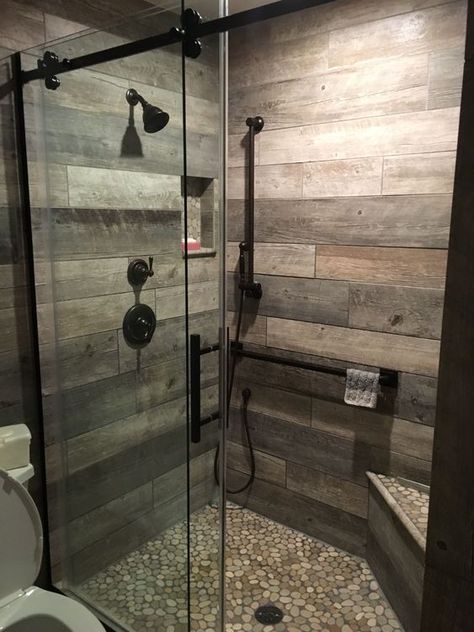 Walk In Shower Ideas Wood Tiles, Rustic Shower Ideas Bathroom Farmhouse, Rustic Shower Ideas Bathroom, Rustic Tile Shower Ideas, Walking Shower, Wood Tile Shower, Rustic Bathroom Shower, Tile Bathroom Remodel, Tile Walk In Shower