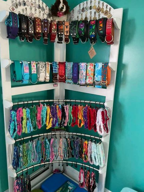 Dog Collar Storage Ideas, Dog Bandana Storage Ideas, Dog Collar Storage, Pet Store Display Ideas, Dog Gear Wall, Dog Gear Organization, Dog Gear Storage, Doggie Room Ideas, Dog Collar Display