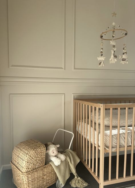 Neutral nursery inspiration Elegant Nursery Neutral, Box Trim On Wall Nursery, Nursery Wood Paneling, Nursery Millwork, Wainscot Nursery, Nursery Accent Wall Neutral, Panelled Nursery, Nursery Inspiration Neutral, Cream Nursery