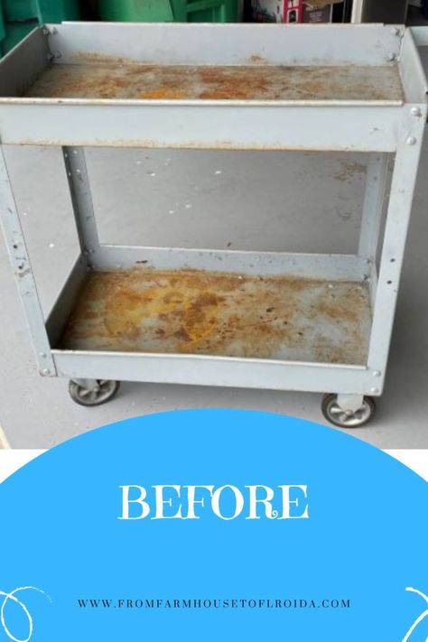 Utility Cart Makeover, Metal Cart Makeover, Diy Rolling Cart, Spray Paint Metal, Painting Rusty Metal, Teacher Cart, Raskog Cart, Industrial Bar Cart, Spray Paint Plastic