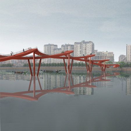 Nanhe River  Landscape Bridge by WXY Architecture.     Repinned Bridge Over Water, Landscape Bridge, River Landscape, New York Studio, Pedestrian Bridge, Bridge Design, Design Competitions, A Bridge, Structural Engineering