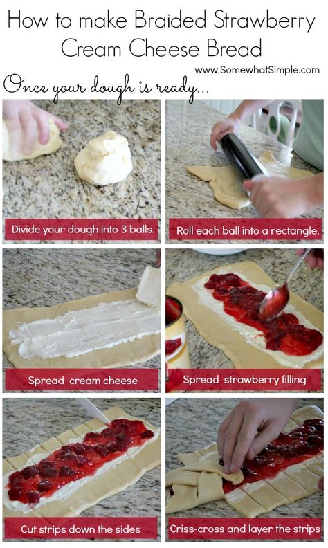 braided strawberry cream cheese bread how to Strawberry Cream Cheese Bars, Cheese Bars, Galette Frangipane, Cream Cheese Bread, Cream Cheese Bars, Strawberry Bread, Braided Bread, Cream Cheese Spreads, Strawberry Cream Cheese