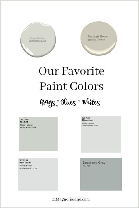 The best gray, pale blue and white (and griege) paint colors for the walls in your home. These neutral colors work well anywhere and in all lights, these are our tried and true favorites that we have used over and over. Blue White Paint Colors, Sw Rhinestone Paint, Bm Moonshine, Bm Boothbay Gray, Griege Paint, Boothbay Gray, Accent Wall Paint Colors, Cream Paint Colors, Coventry Gray