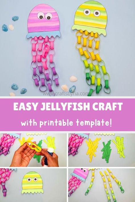 Colorful paper jellyfish craft with printable craft template for preschoolers, kindergardeners and school age kids. Perfect summer craft to work on scissor skills and fine motor skills. The jellyfish’s tentacles are made of colorful paper chains which look super cute when the kids wiggle it. #craftsbyria Craft Ideas For School Age Kids, Arts And Crafts For School, Summer Holiday Crafts For Kids, Summer Paper Crafts For Kids, Fine Motor Crafts For Kids, Easy Craft For Preschoolers, Paper Chain Octopus, Paper Jellyfish, Coloring Paper