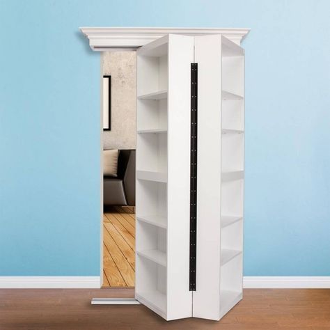 Folding "murphy door" shelves for over existing closet doors? [Bi-Folding Paint Grade Surface Mount] Bookcase Closet, Bifold Door Hardware, Hidden Door Bookcase, Murphy Door, Bookshelf Door, Bifold Barn Doors, Library Bookshelves, Basement Inspiration, Bookcase Door