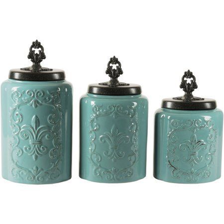 Buy Blue Antique Canisters, Set of 3 at Walmart.com 3 Piece Kitchen Canister Set, Ceramic Canister Set, Ceramic Canisters, Kitchen Canister Set, Blue Antique, Ceramic Canister, Antique Kitchen, Storage Canisters, Antique Ceramics