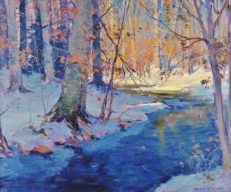 Snowy River Painting, Snow Oil Paintings Winter Landscape, Winter River Painting, Winter Impressionist Paintings, Snowy Landscape Painting, Snow Painting Acrylic Winter Scenes, Snow Scenes Winter Landscape, Background Studies, Winter Forest Painting