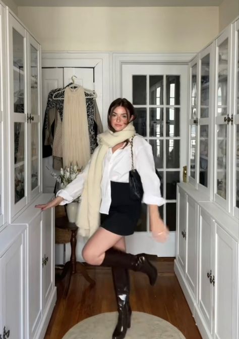 White Shirt Black Skirt, Black Skirt White Shirt, France Outfits, White Silk Dress, Skirt And Boots, White Shirt Outfits, Shirt Dress Outfit, Boots For Fall, Silk Shirt Dress