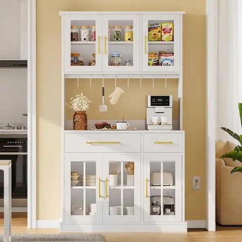 Moasis 71'' Kitchen Pantry Storage Cabinet Microwave Stand Hutch Cabinet with Power Outlet - On Sale - Bed Bath & Beyond - 39391818 Cabinet With Microwave, Kitchen Hutch Cabinet, Tall Pantry Cabinet, Freestanding Storage Cabinet, Pantry Drawers, Hutch Cabinet, Tall Kitchen, Microwave Stand, Kitchen Hutch