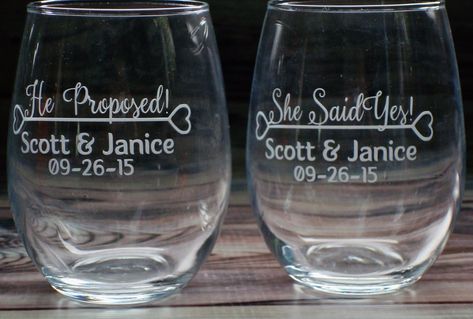 Engagement Gift Engaged Couple Gift He Proposed  She Said Yes Pair of Engaged Personalized 15 oz stem less wine glasses ** Read more at the image link. (This is an affiliate link). #faith Personalized Wine Glasses, Glass Engraving, Engaged Couple, She Said Yes, Business Services, Stemless Wine Glasses, Couple Gift, Personalized Wine, Personalised Gifts