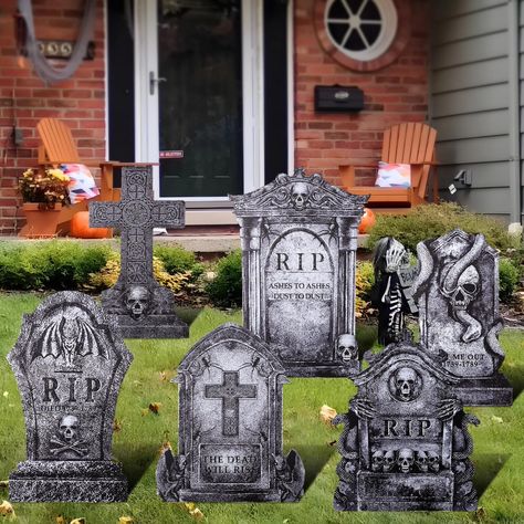 PRICES MAY VARY. 【6 Styles & Perfect Size】The set comes in 6 unique tombstone designs, each ranging from 15.6 to 16.6 inches in height and 10-13 inches in width. These large-sized signs are perfect for creating an eye-catching and spooky atmosphere in your yard, making your Halloween night unforgettable. 【Sturdy and Waterproof PP Construction】Made from lightweight yet sturdy corrugated PP board, these tombstone signs are designed to withstand deformation, breakage, and corrosion. The waterproof Halloween Graveyard Coffin, Wooden Halloween Tombstones, Funny Gravestones Halloween, Cemetary Sign Halloween, Halloween Graveyard Decorations, Graveyard Signs Halloween, Mans Office, Rip Tombstone, Bear Skin Rug