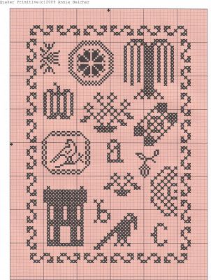 Annie Beez Folk Art: Free chart! Primitive Stitchery Patterns, Primitive Cross Stitch Patterns, Primitive Stitchery, Free Cross Stitch Charts, Cross Stitch Freebies, Free Chart, Weeping Willow, Cross Stitch Heart, Cross Stitch Alphabet