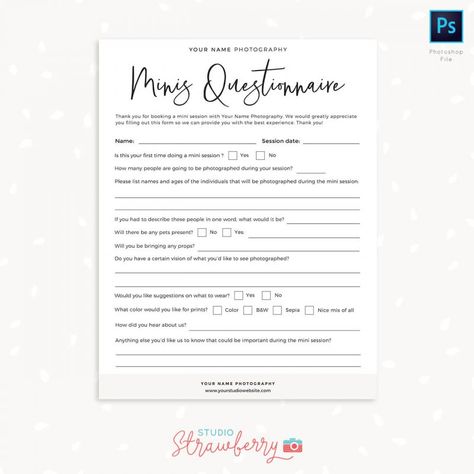 Photography Questionnaire, Elegant Photography, Note Card Template, Questionnaire Template, Photography Website Design, Mini Session Template, Photography Mini Sessions, Photography Templates, Photography Basics