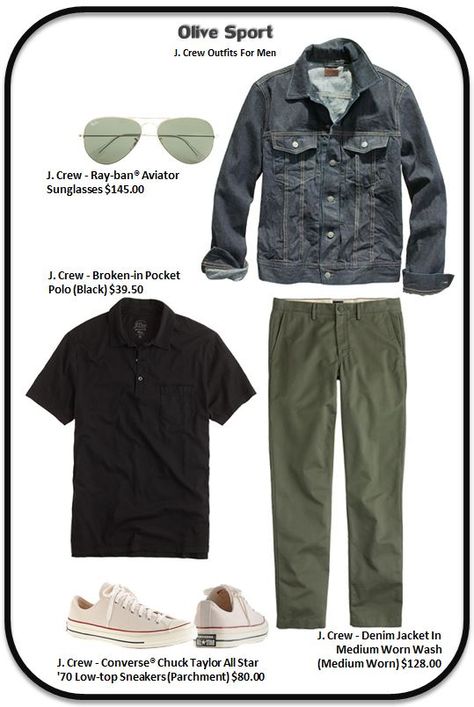 Olive Green Denim Jacket Outfit Men, Military Style Olive Outerwear For Outdoor, Black Military Style Utility Jacket For Streetwear, Olive Denim Jacket, Olive Military Utility Jacket For Streetwear, Olive Cotton Military Style Utility Jacket, J Crew Outfits, Black Combination, Ray Ban Aviators