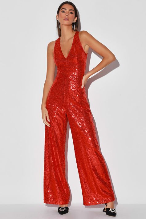 Bold Jumpsuit, Red Sequin Jumpsuit, Winx Club Redesign, Birthday Party Disco, Exec Photoshoot, Italian Disco, Sequin Clothes, Jumpsuit Lulus, Red Faux Fur Coat