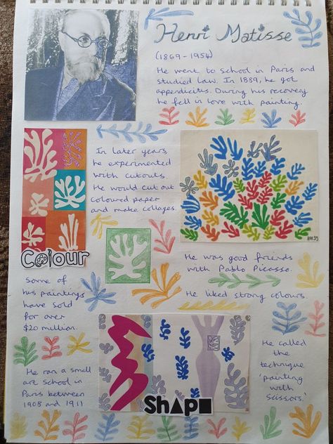 Henri Matisse Sketchbook page Henri Matisse Gcse Art Page, Elements Of Art Sketchbook Page, Colour Sketchbook Page, Henri Matisse Artist Research Page, Colour Theory Sketchbook Page, Research Sketchbook, A Level Sketchbook, Artist Research Page, Art In School