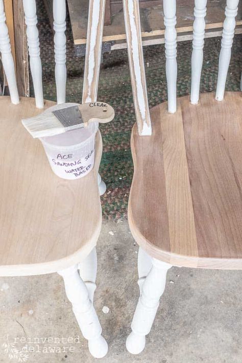 How to Strip Paint on Dining Chairs Repainting Kitchen Chairs, Refinish Dining Chairs, Press Back Chairs, How To Restain Wood, Stripping Paint From Wood, Removing Paint From Wood, Painting Kitchen Chairs, How To Strip Paint, Sanding Furniture