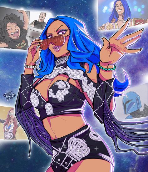 Sasha Banks Fanart, Wrestling Drawings, Wwe Drawings, Wwe Fanart, Wwe Fan Art, Wwe Cartoon, Wwe Ladies, Wwe Art, Wrestling Outfits