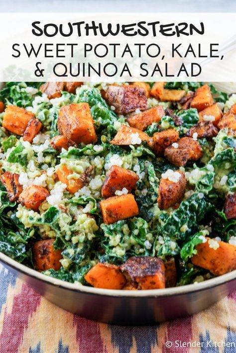 Healthy Salads For Dinner, Kale And Quinoa Salad, Avocado Lime Dressing, Kale And Quinoa, Healthy Dinner Salads, Sweet Potato Kale, Slender Kitchen, Lunch Salad, Kale Recipes