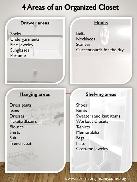 4 areas of an organized closet tips - a complete list of how to organize a closet by a professional organizer. #DIY #home #organization Closet Tips, Closet Organisation, Master Closet Organization, Closet Diy, Organized Closet, Organizer Diy, Wardrobe Organisation, Clothes Closet Organization, Closet Renovation