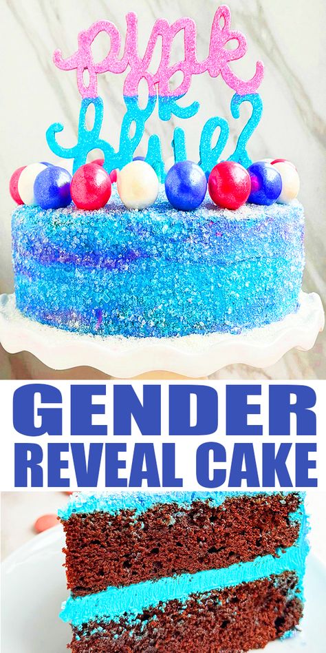 Easy GENDER REVEAL CAKE recipe and tutorial, homemade with simple ingredients. A delicious chocolate cake is filled and frosted with pink and blue buttercream icing and finished off with a cute topper. This easy cake decorating technique is perfect for beginners and ideal for baby showers. From CakeWhiz. Easy Graduation Cake, Easy Gender Reveal Cake, Gender Reveal Cake Recipe, Mouthwatering Desserts, Simple Gender Reveal, Cap Cake, Easy Frosting, Tasty Chocolate Cake, Chocolate Layer Cake