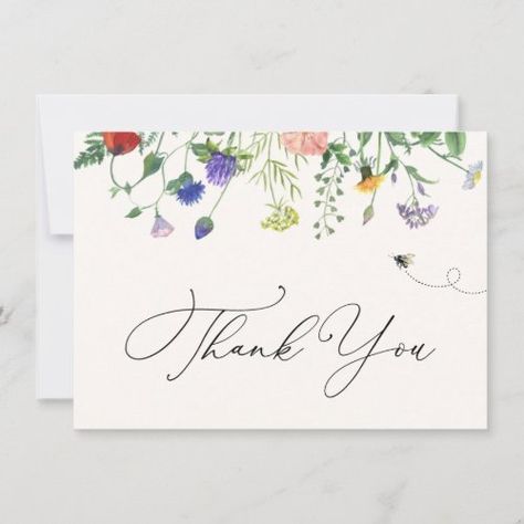 $2.31 | Wildflower and Bee Thank You Note Card #baby, shower, thank you, watercolor, wildflower, bee, bridal, wedding, spring, floral Handmade Thank You Cards, Thanks Card, Thank You Note Cards, Paint Cards, Stamping Up Cards, Thank You Notes, Note Card, Watercolor Cards, Custom Cards