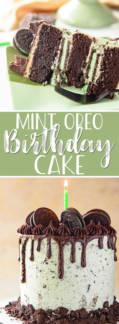 This Mint Oreo Cake makes for one fabulous birthday cake for mint chocolate lovers! Dark chocolate cake and tons of whole Oreos are covered in fluffy mint cookies and cream buttercream, then garnished with chocolate ganache and even more cookies. Mint Oreo Cake, Cookies And Cream Buttercream, Oreo Torte, Mint Cake, Dark Chocolate Cake, Cookies And Cream Cake, Mint Oreo, Dark Chocolate Cakes, Mint Cookies