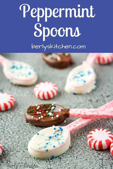 Our chocolate dipped peppermint spoons are an adorable holiday treat that's perfect for stirring hot cocoa or flavored coffees. #berlyskitchen Peppermint Spoons For Hot Chocolate, Peppermint Spoons, Hot Cocoa Spoons, Peppermint Desserts, Peppermint Dessert, Coconut Hot Chocolate, Peppermint Recipes, Themed Recipes, Children Crafts