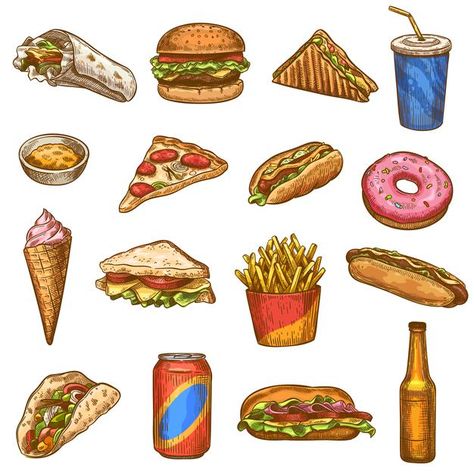 Hand drawn fast food set | Premium Vector #Freepik #vector #food #menu #cartoon #pizza Unhealthy Food Drawing, Fast Food Doodles, Fast Food Illustration Art, Fast Food Restaurant Drawing, Hand Drawn Food Illustration, Hot Dog Pizza, Restaurant Business Cards, Restaurant Poster, Hot Dog Cart