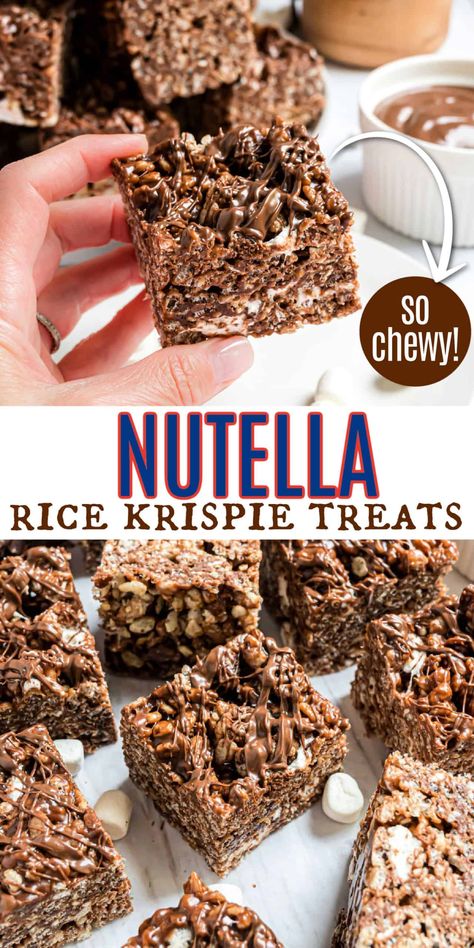 Nutella Rice Krispie Treats combine my favorite rice krispie treats with creamy chocolate hazelnut spread. Soft and chewy, you'll love this easy recipe! Nutella Rice Crispy Treats, Fluffer Nutter Rice Krispie Treats, Rice Crispy Treat Flavors, Churro Rice Krispie Treats, Elevated Rice Crispy Treats, Rice Krispie Flavors, Rice Krispie Treat Variations, Fancy Rice Crispy Treats, Cocoa Krispie Treats Recipes